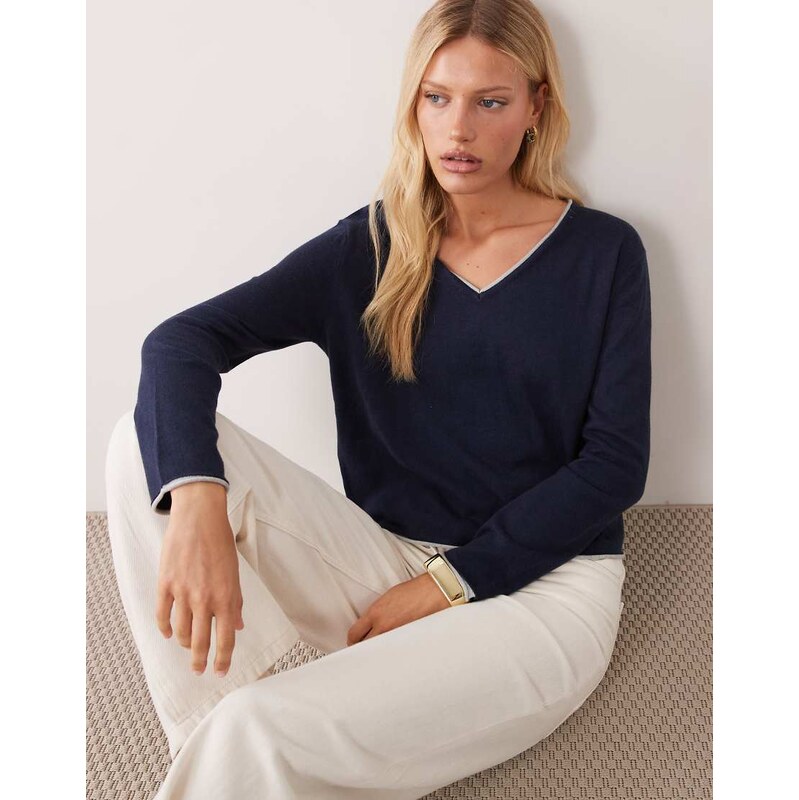 Mango Teen v neck jumper with contrast trim in navy