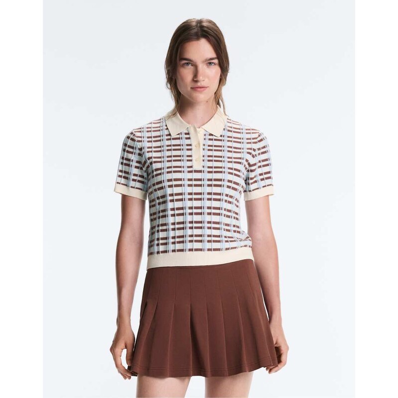OYSHO Short-sleeved check knit polo shirt in pale ecru-Neutral