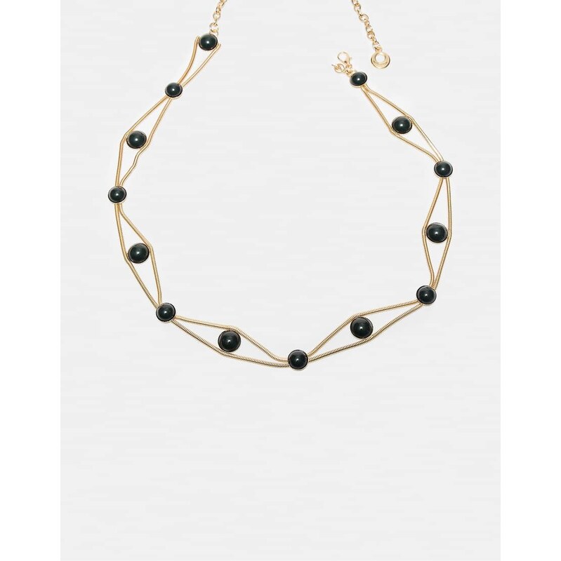 Stradivarius Double-row metal belt with green round stones in