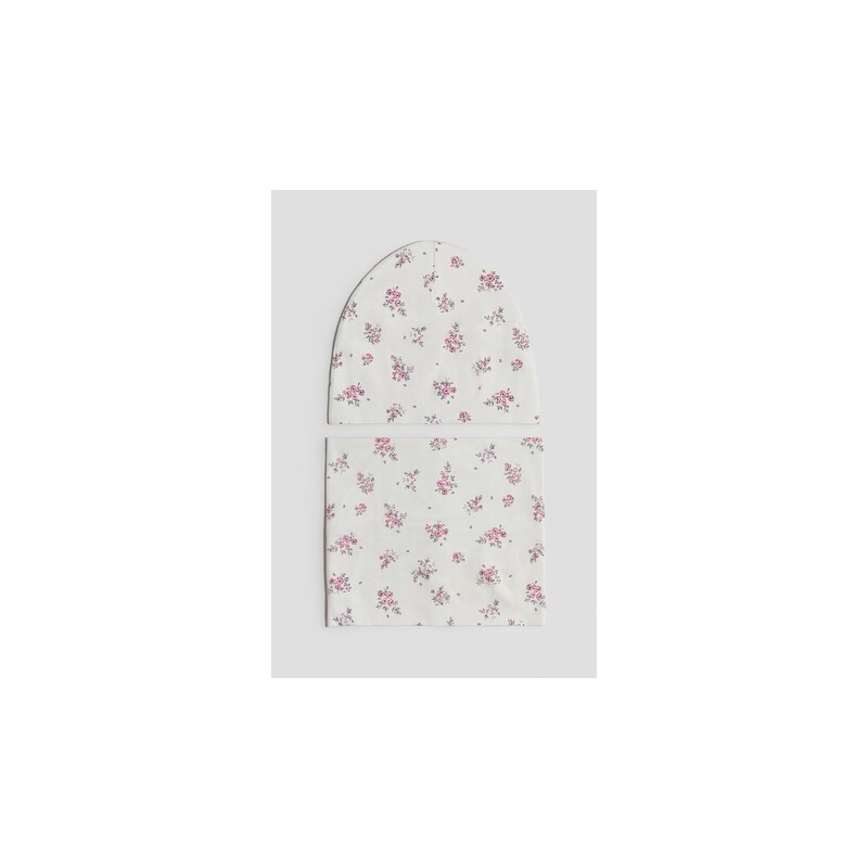 H&M - Dvoudílná souprava čepice a nákrčník - Světle Béžová/Květy