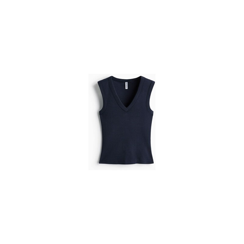 H&M - Žebrovaný tops výstřihem do V - Tmavomodrá/Proužky