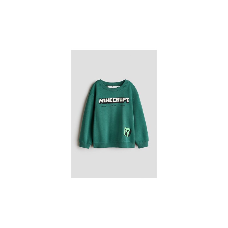 H&M - Mikinas česaným rubem a potiskem - Tmavě Zelená/Minecraft
