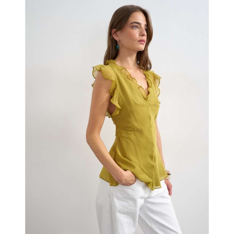 Topshop soft v neck ruffle sleeve tea blouse in green