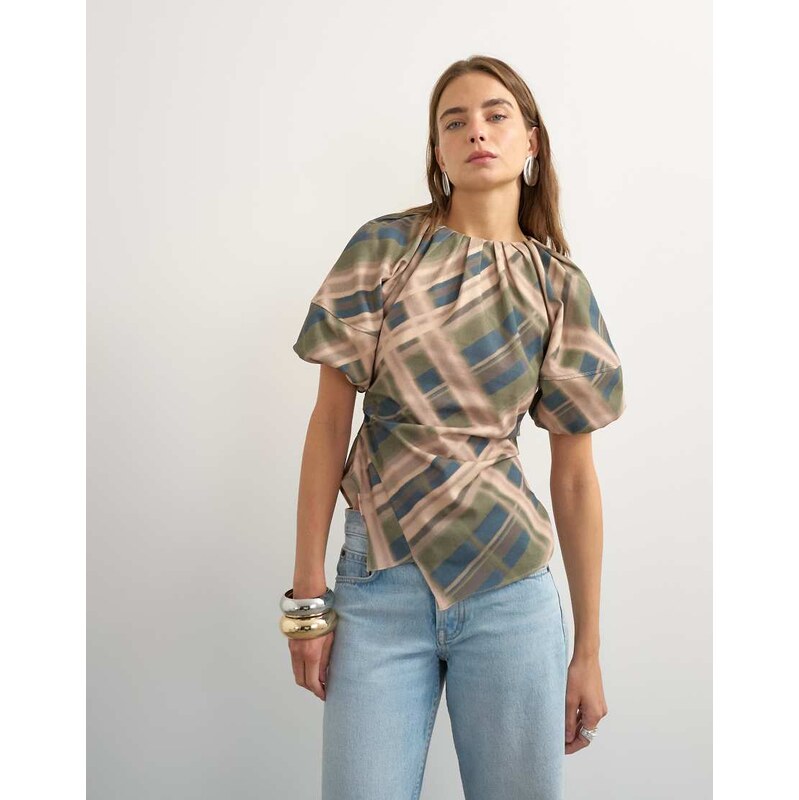 Topshop puff sleeve wrap hem detail top in green check