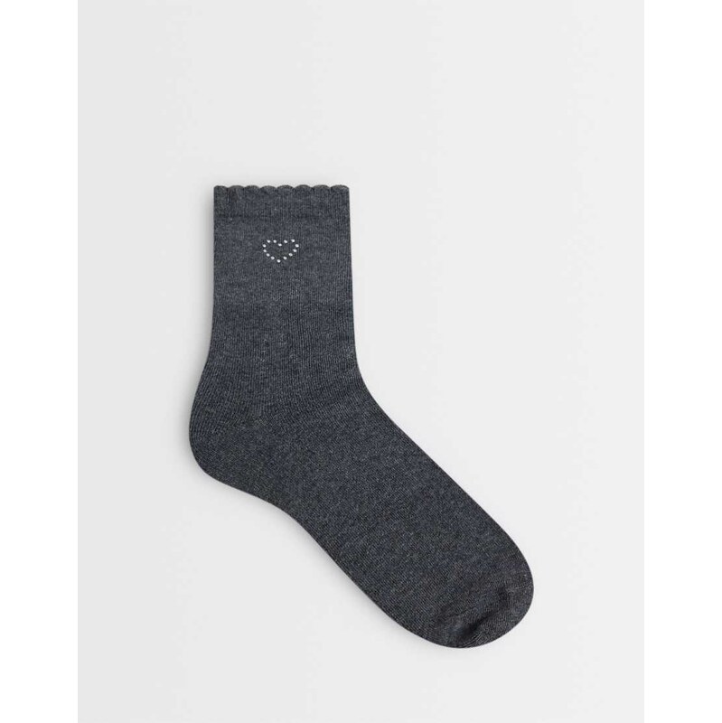 Vero Moda lettuce edge socks with rhinestone heart in dark grey