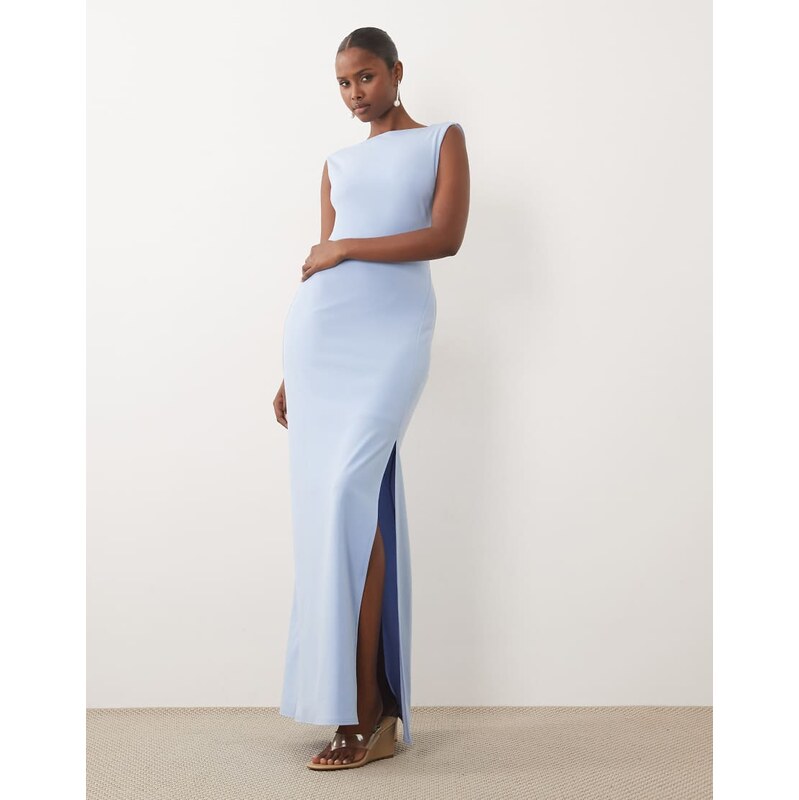 TFNC crepe slash neck backless maxi dress in light blue