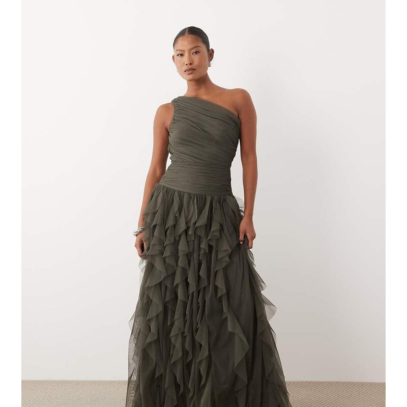 Lace & Beads Petite one shoulder waterfall ruffle maxi dress in
