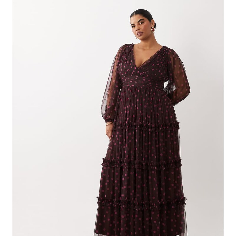 Lace & Beads Plus tulle sheer balloon sleeve plunge neck tiered