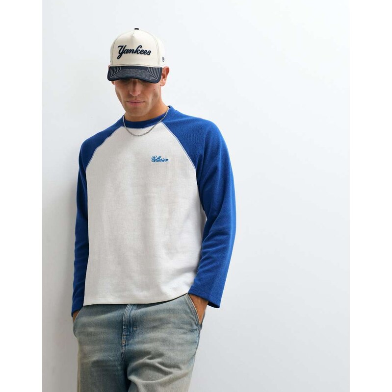 COLLUSION boxy raglan tee in white + blue