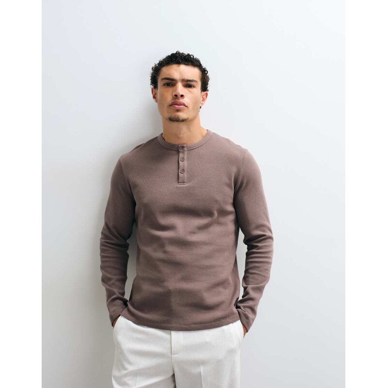 ASOS DESIGN regular long sleeve t-shirt with henley in brown