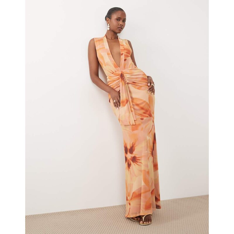 ASOS DESIGN printed mesh deep plunge maxi dress in orange floral