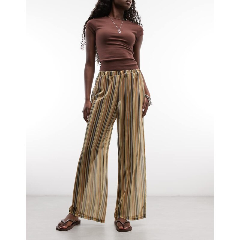 Reclaimed vintage sheer stripe wide leg trouser in multi stripe