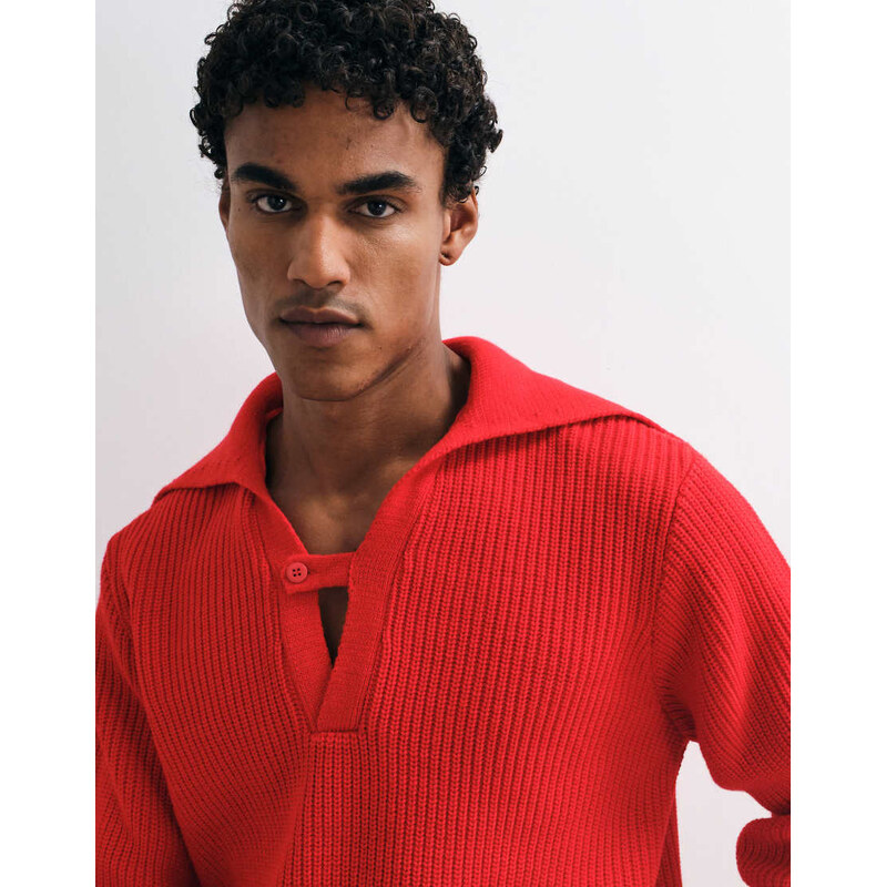 ASOS DESIGN knitted relaxed polo with open collar detail-Red