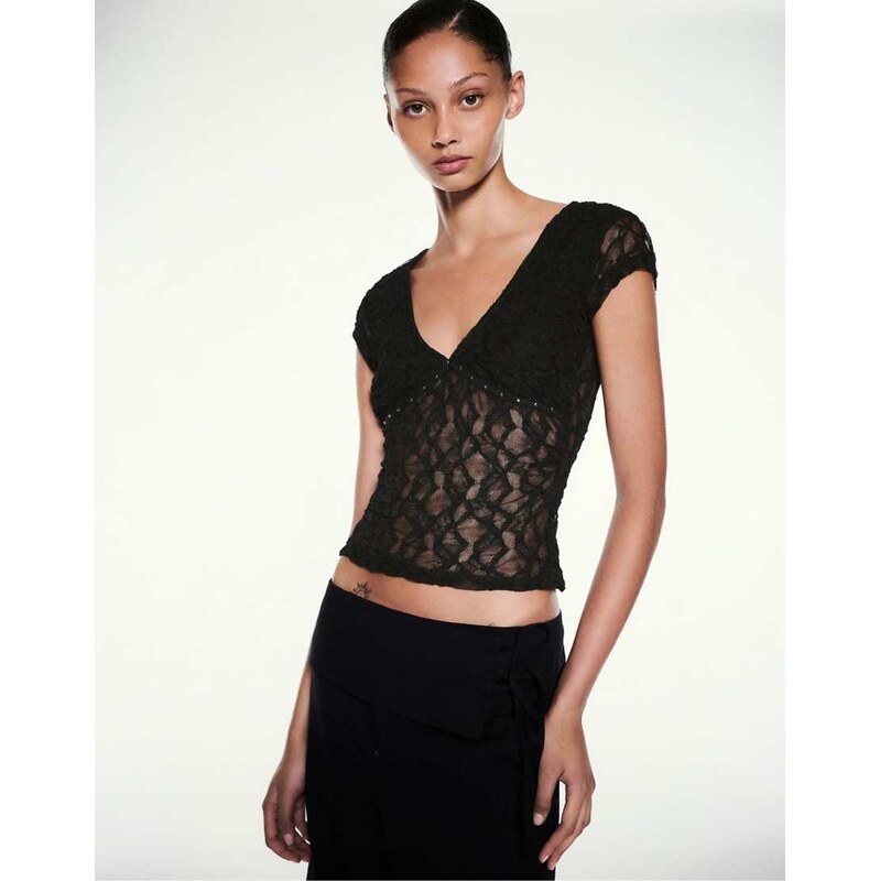 Pull&Bear Studded lace t-shirt in black