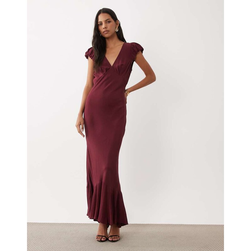 ASOS DESIGN puff sleeve v neck maxi tea dress in plum-Green