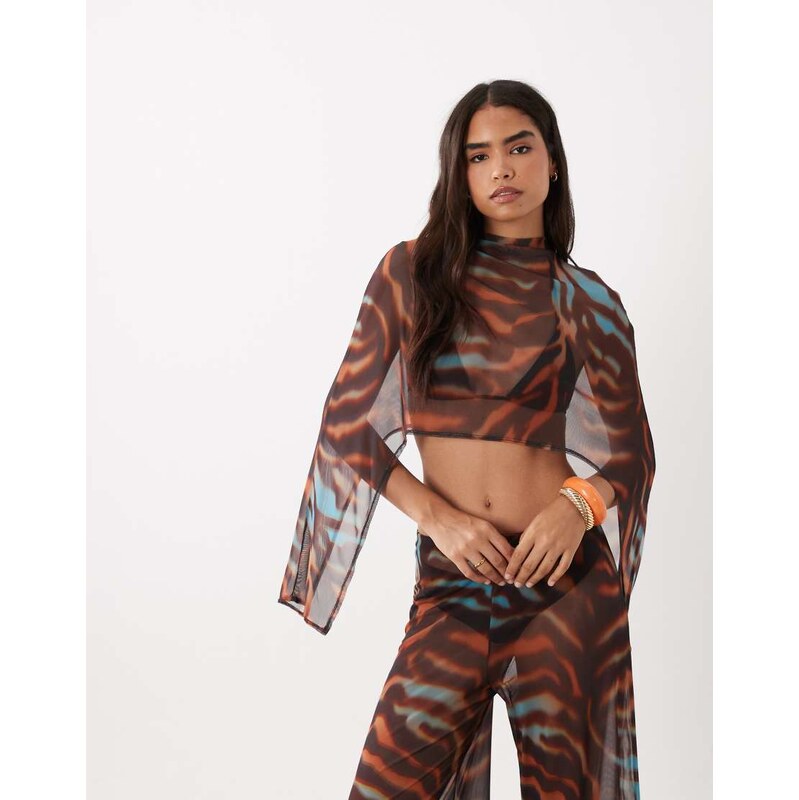 ASOS DESIGN co-ord printed mesh cape in brown animal print-Multi