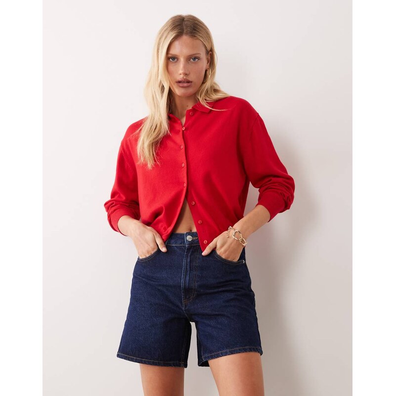 Mango Teen long sleeve knitted polo cardigan in red