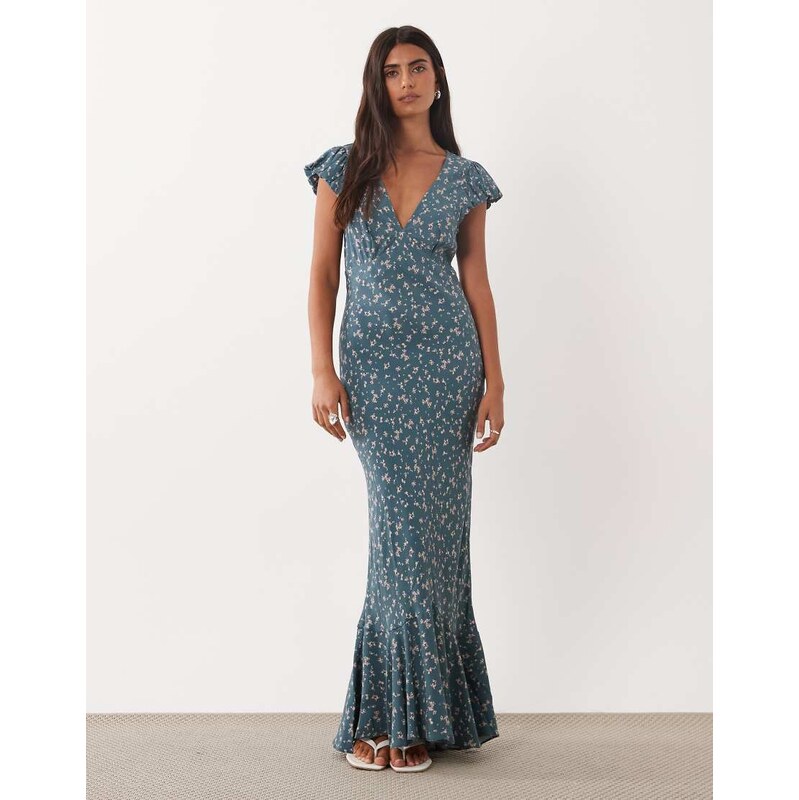 ASOS DESIGN puff sleeve v neck maxi tea dress in dark green