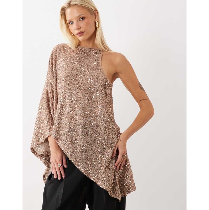 ASOS DESIGN sequin asymmetrical one sleeve cape top in gold