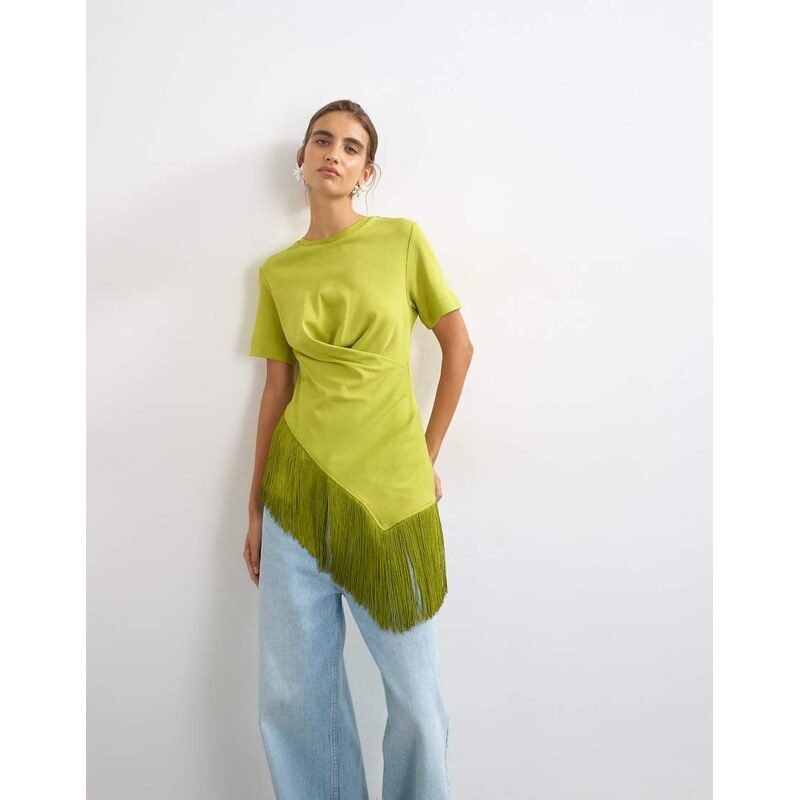 Topshop fringed wrap front tassel hem tee in olive-Green