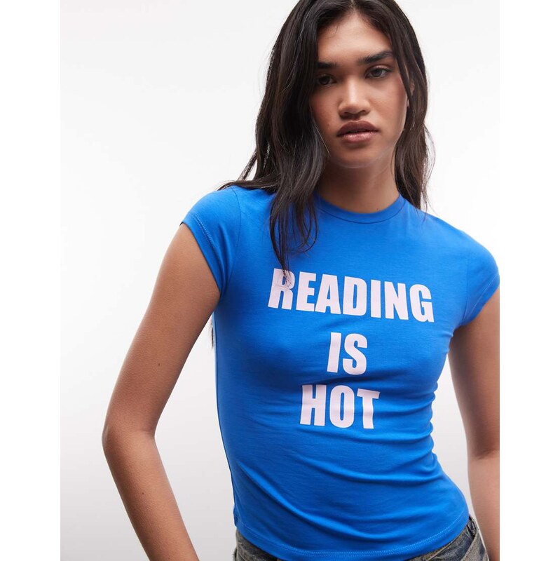 COLLUSION reading is hot graphic baby tee in blue