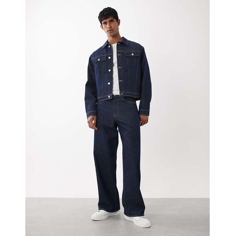 Jack & Jones Dave wide fit jeans co-ord in stripe dark wash-Blue