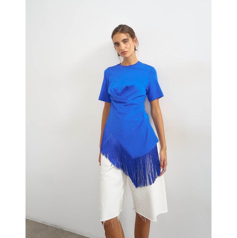 Topshop fringed wrap front tassel hem tee in colbalt blue-Black