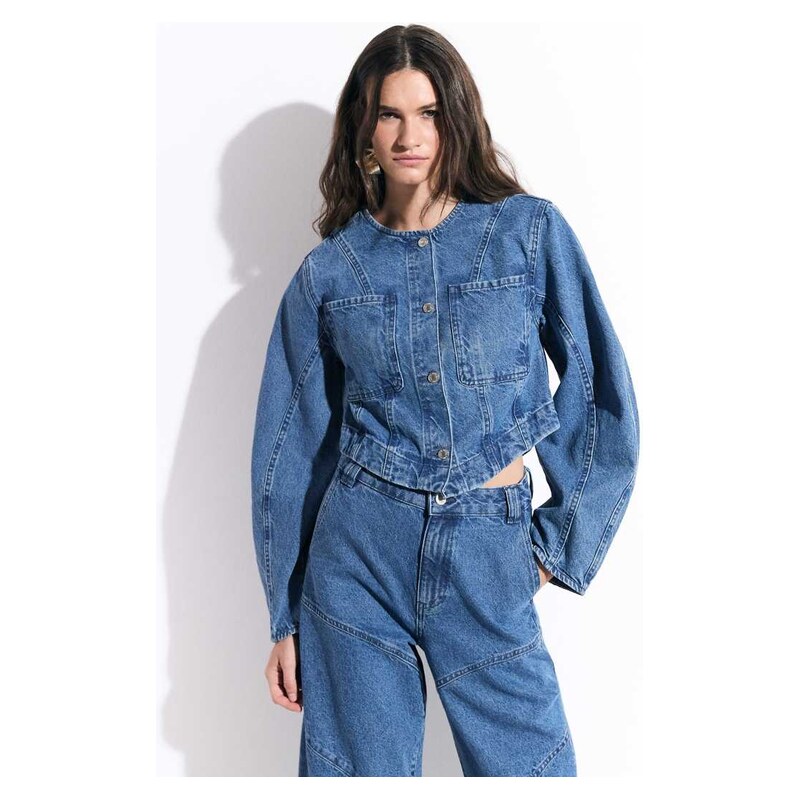 ASOS DESIGN denim seamed jacket co-ord in mid blue