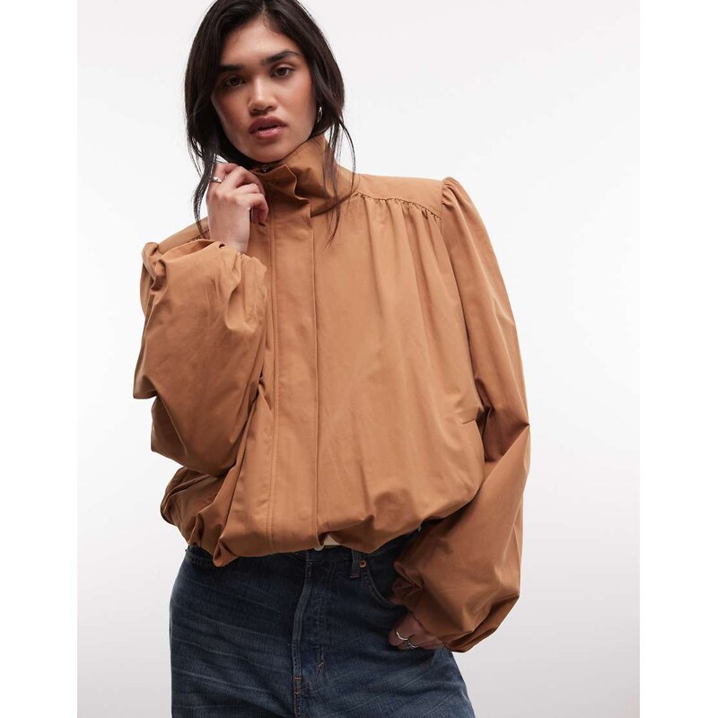 Monki balloon sleeve high neck trench coat in camel-Neutral