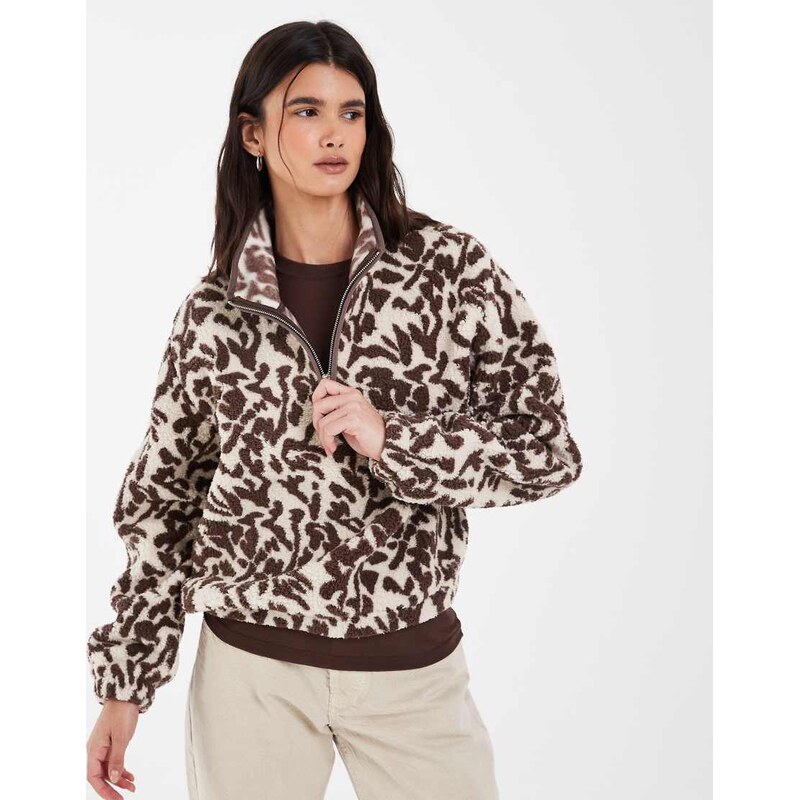 ONLY half zip fleece sweat in brown animal print