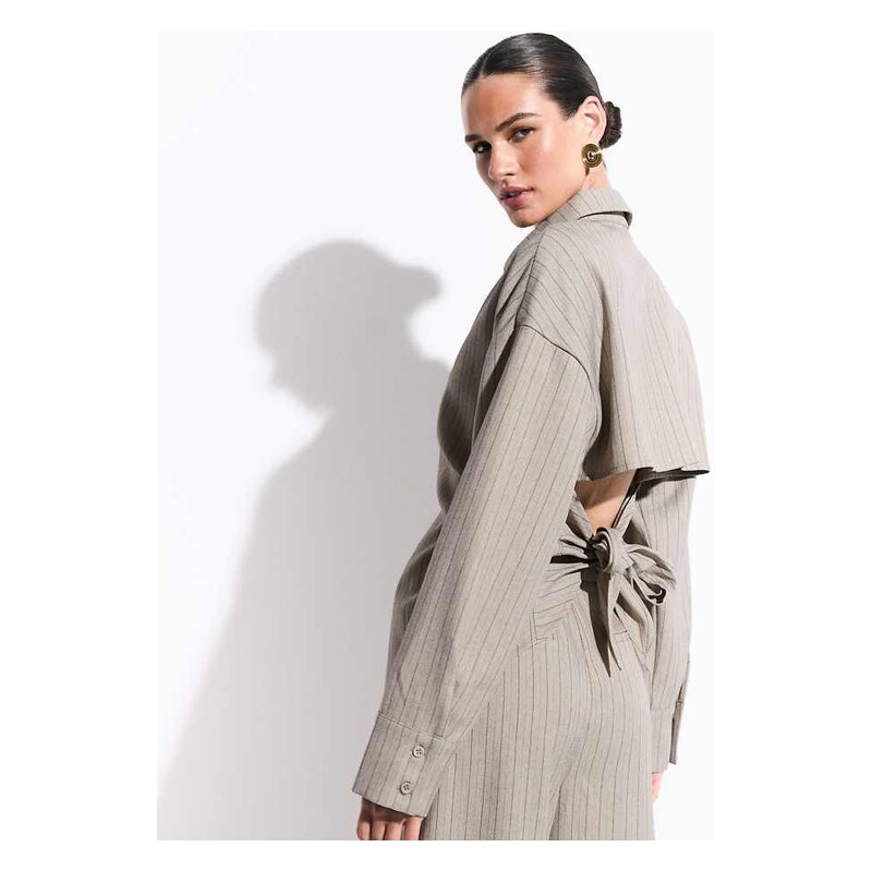 Kaiia exclusive open tie back shirt co-ord in light brown stripe