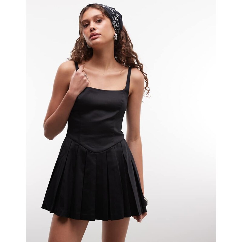 Monki square neck tailored pleated mini dress in black