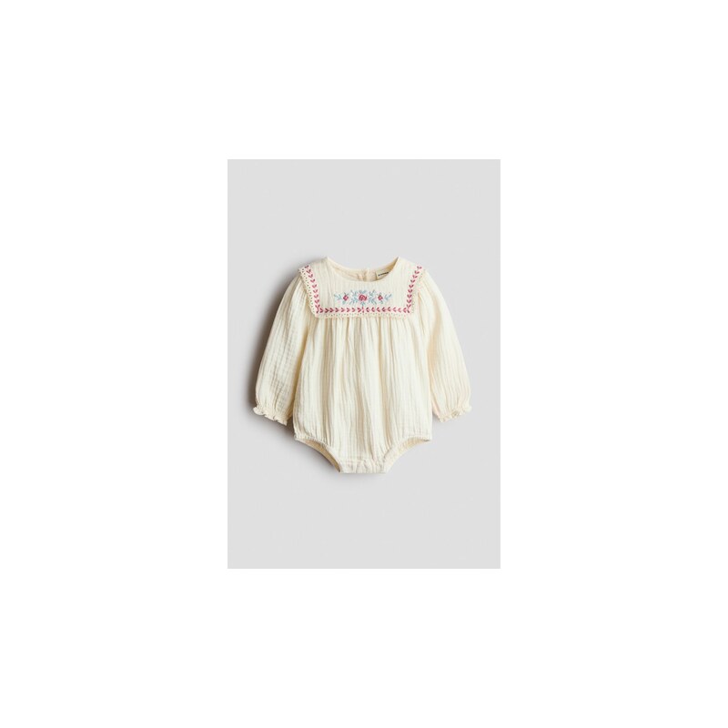 H&M - Bavlněný overals výšivkou - Krémová/Květiny