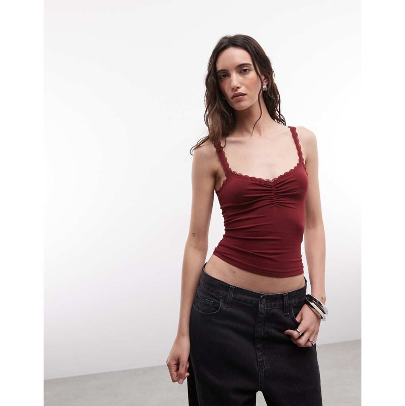 COLLUSION lace trim cami top in burgandy-Red