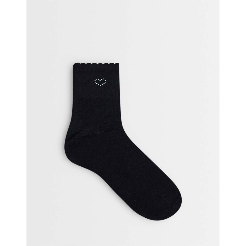 Vero Moda lettuce edge socks with rhinestone heart in black