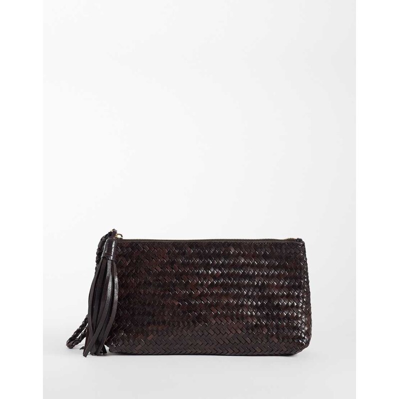 Mango 100% leather woven pouch in brown