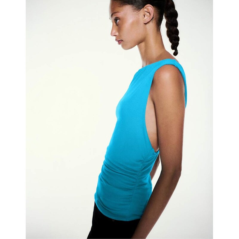 Pull&Bear Gathered asymmetric top in turquoise-Blue