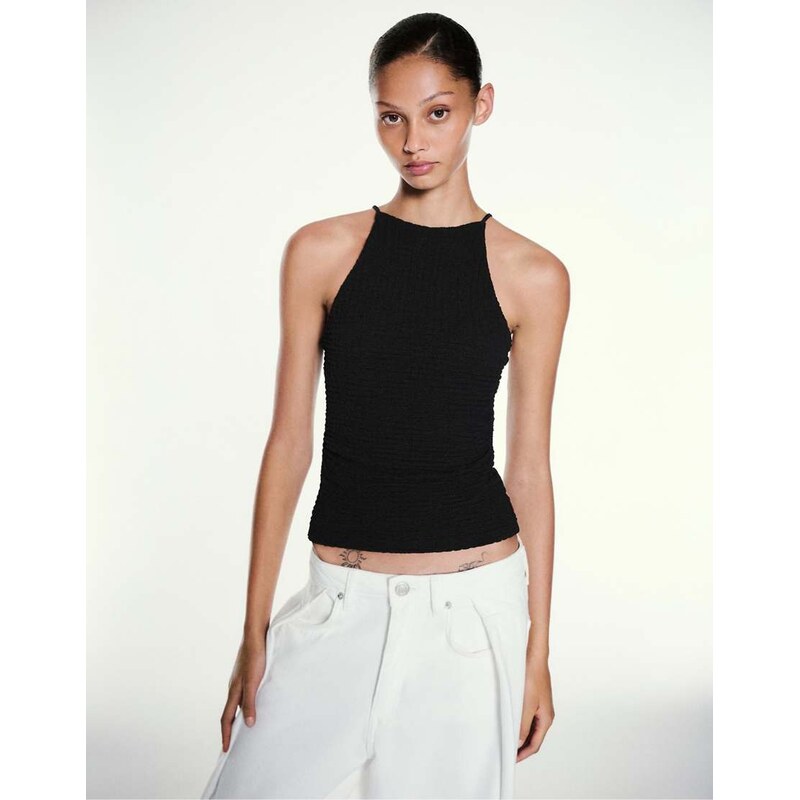 Pull&Bear Textured halter top in black
