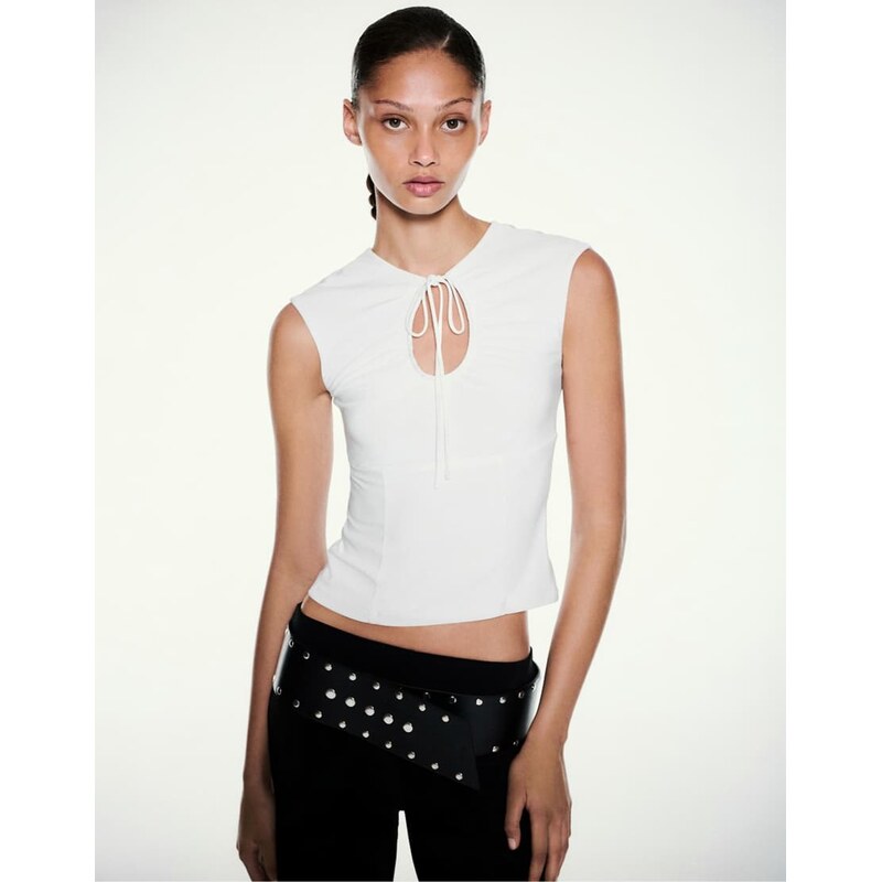 Pull&Bear Gathered tie-neck top in beige-Neutral