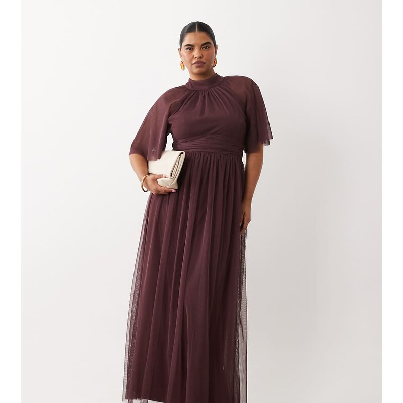 Lace & Beads Plus tulle high neck flutter sleeve maxi dress in
