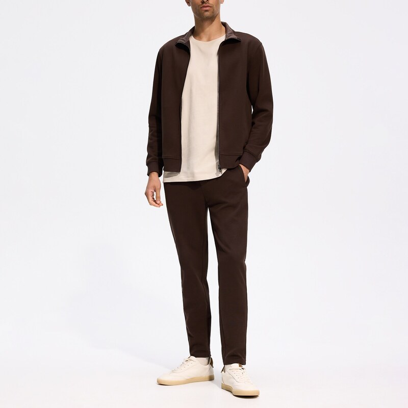 Reserved - Kalhoty slim z mercerované bavlny - tmavě hnědá
