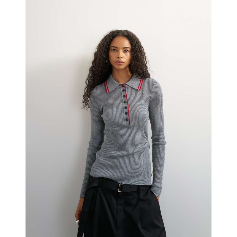 Topshop knitted side twist polo with wool in grey