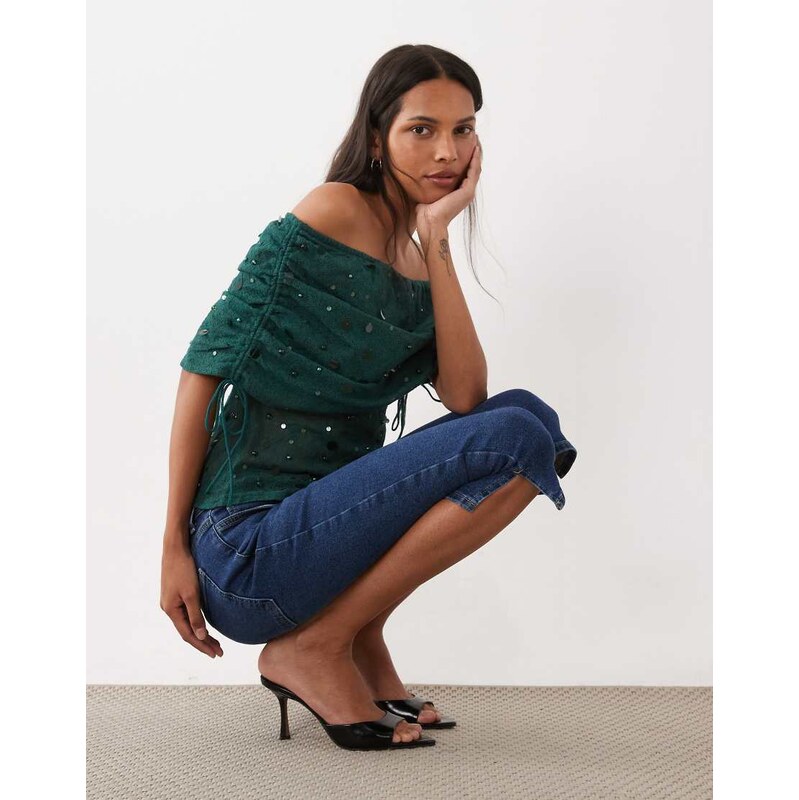 ASOS DESIGN crochet bardot top with embellishment in teal-Blue