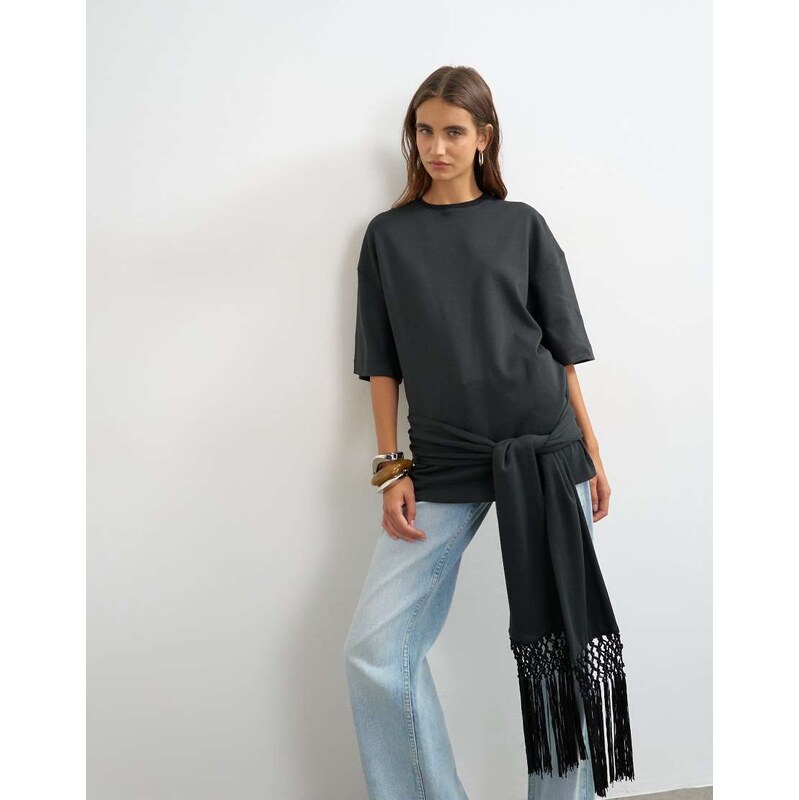 Topshop premium fringe tie detail tee in black