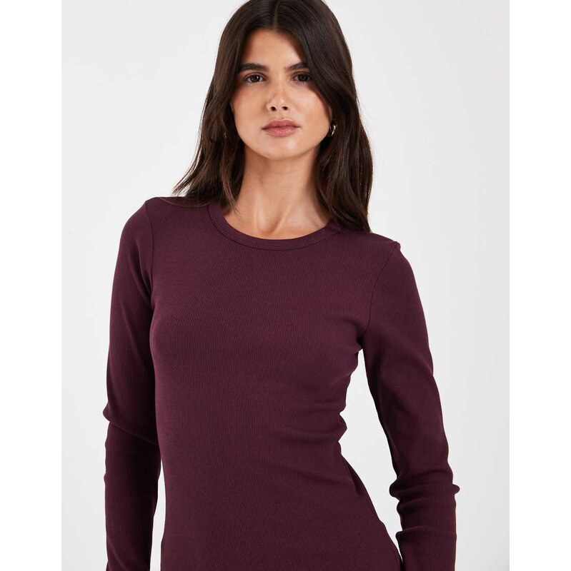 JJXX long sleeve ribbed top in deep burgundy-Red