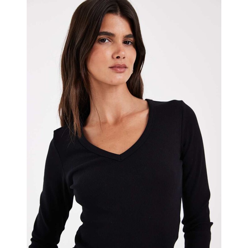 JJXX long sleeve v-neck ribbed top in black