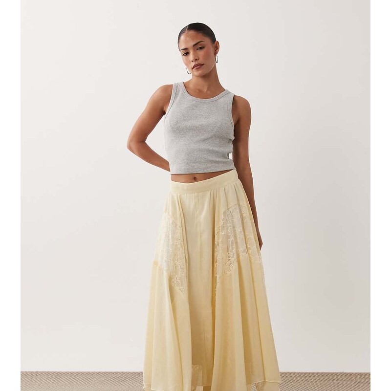 Miss Selfridge Petite chiffon lace mix hanky hem maxi skirt in