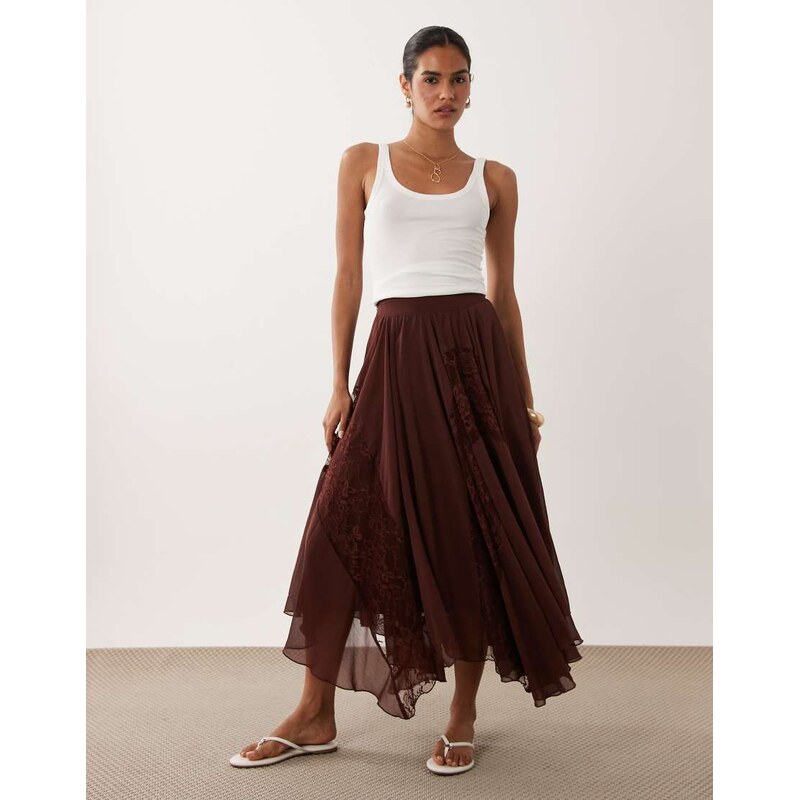 Miss Selfridge chiffon lace mix hanky hem maxi skirt in