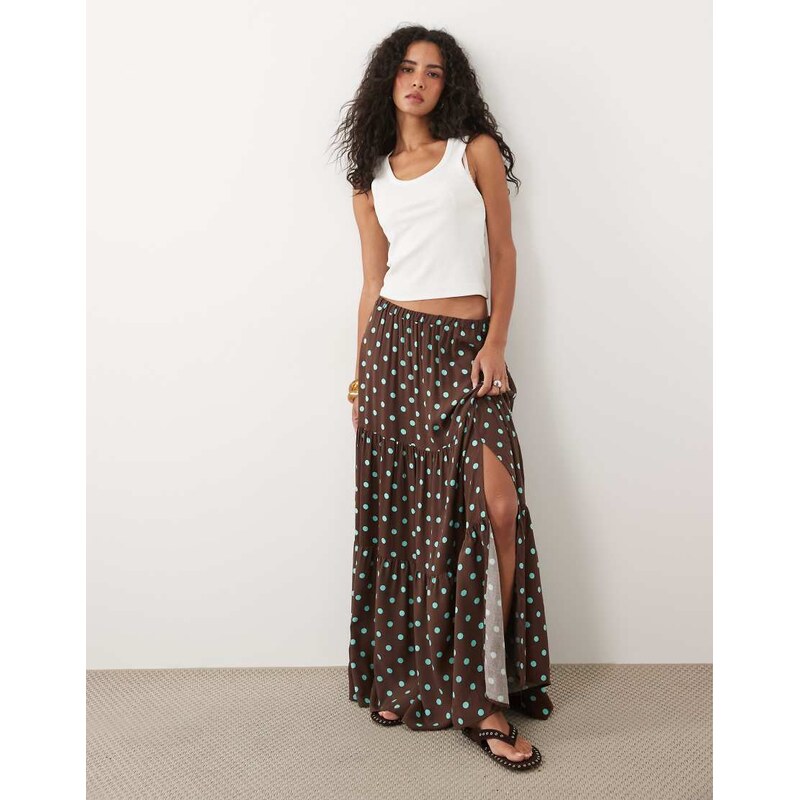 Miss Selfridge tiered spun maxi skirt in choc and aqua polka dot