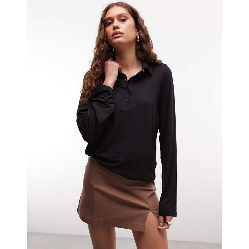 Monki long sleeve polo top in black